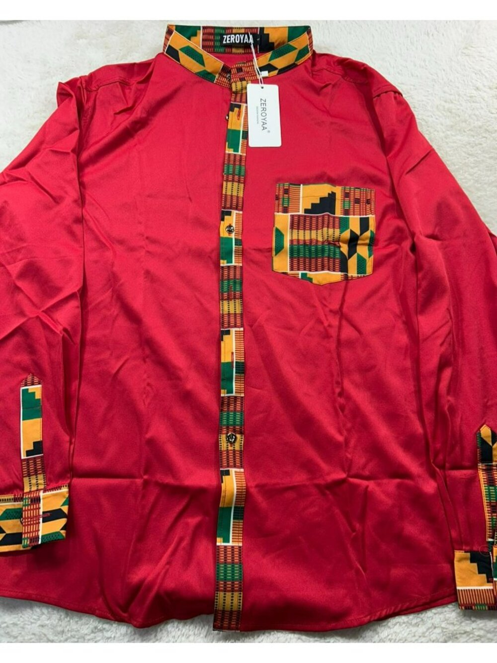 African-Inspired Red Long Sleeve Shirt With Kente Collar Cuffs By Zeroyaa – L